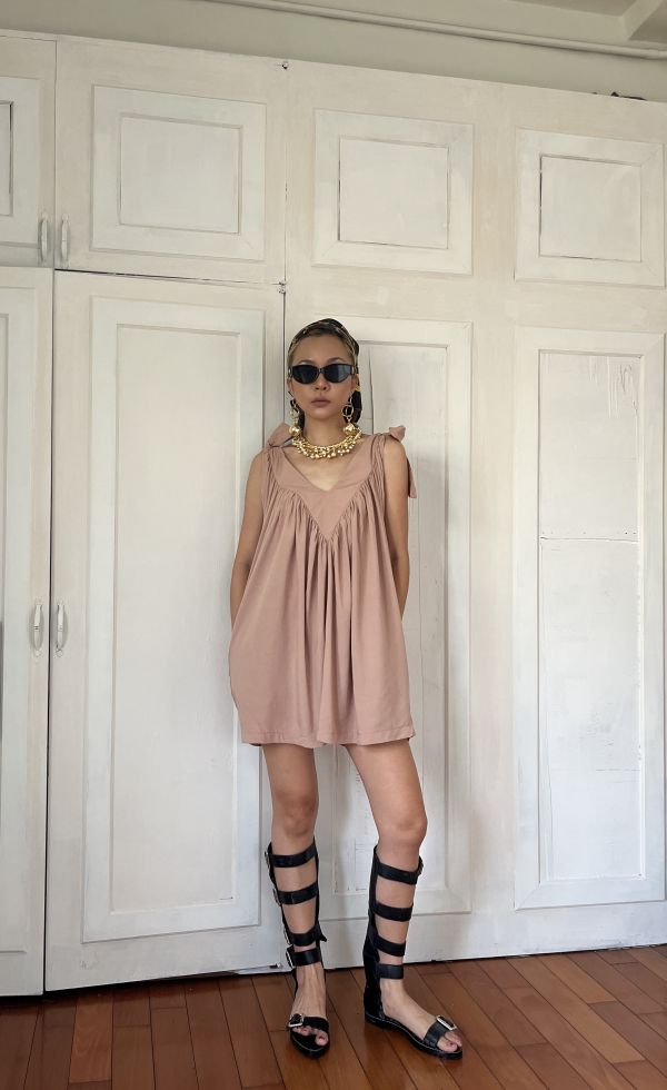 cinnamon pink DEEP V DRESS 肉桂粉深Ｖ蝴蝶結洋裝