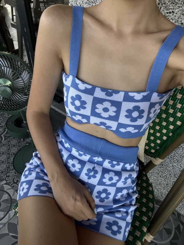 Women LOVELY Knitted 2 Piece Shorts Set Floral Print Crop❀✿❁ Women Y2K Knitted 2 Piece Shorts Set Floral Print Crop❀✿❁