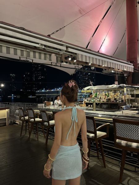 海洋 馬卡龍拼色蕾絲長洋裝