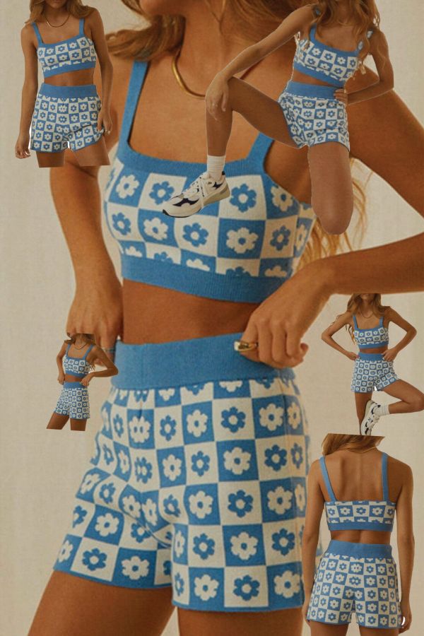 Women LOVELY Knitted 2 Piece Shorts Set Floral Print Crop❀✿❁ Women Y2K Knitted 2 Piece Shorts Set Floral Print Crop❀✿❁