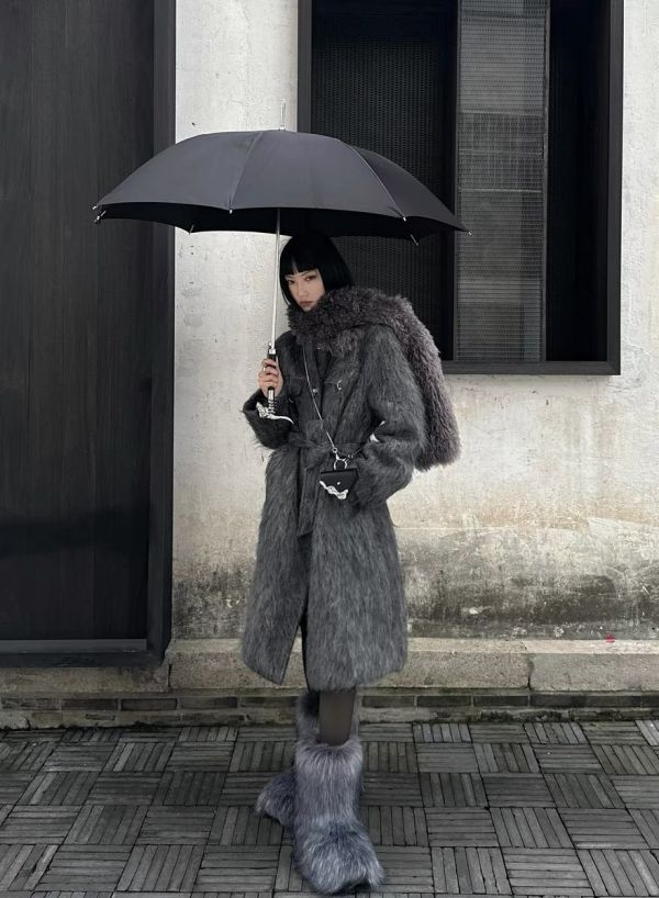拼接圍巾毛呢大衣 