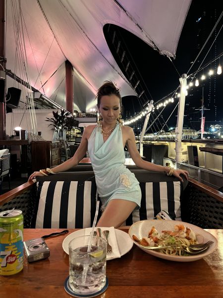 海洋 馬卡龍拼色蕾絲長洋裝