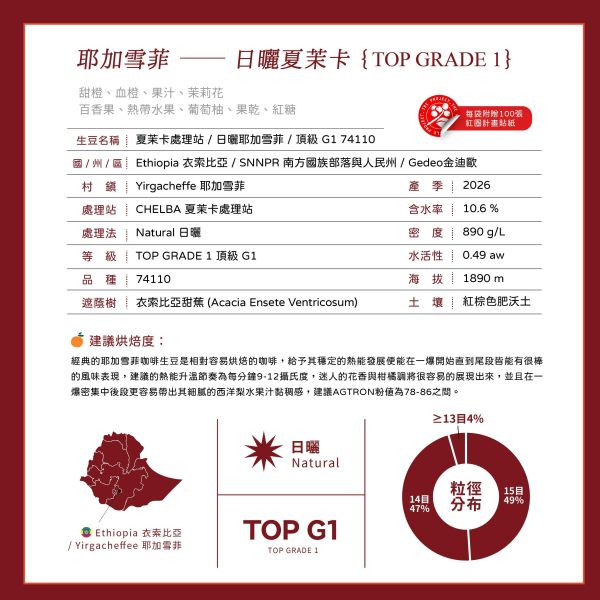 2026 日曬夏茉卡 | TOP G1 | 紅圈計畫 | 耶加雪菲 | 74110 | 日曬 | 頂級 G1 咖啡生豆,衣索比亞,G1,耶加雪菲,YIRGACHEFFE,日曬74110,2026,紅圈計畫