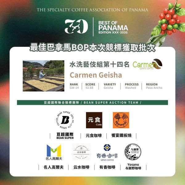 2026 最佳巴拿馬 BOP | GW-14 | 水洗組 - 第十四名 | 咖啡生豆,最佳巴拿馬,BOP,日曬,藝伎,Geisha,咖啡豆