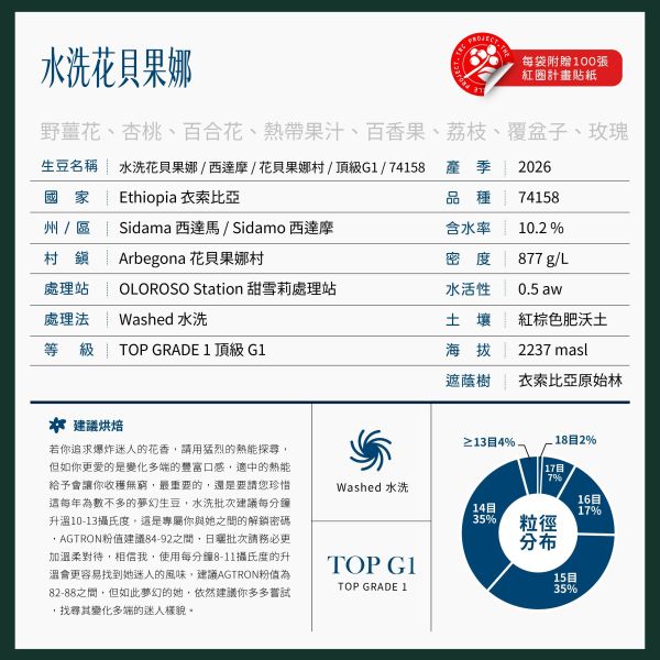 2026 水洗花貝果娜 | 紅圈計畫 | 水洗 | 西達摩 | 74158 | TOP G1 花貝果娜,Arbegona,西達摩,74158,咖啡生豆,紅圈計畫 ,2026