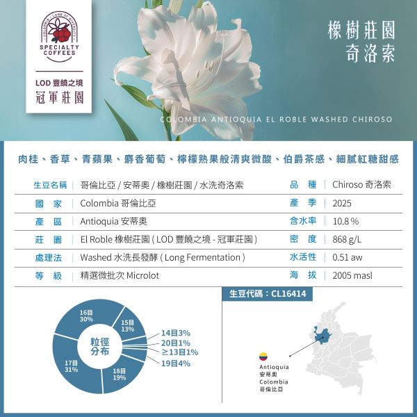2025 哥倫比亞 | 安蒂奧 | 橡樹莊園 | 水洗奇洛索 | LOD 冠軍莊園 哥倫比亞,安蒂奧,橡樹莊園,水洗奇洛索,咖啡生豆 咖啡豆,配方豆,LOD豐饒之境冠軍莊園,精品豆,競標