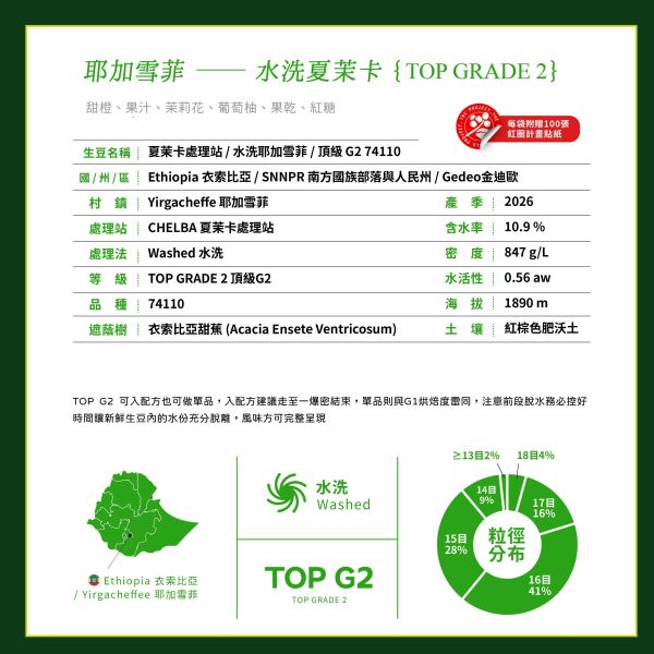 2026 水洗夏茉卡 | TOP G2 | 紅圈計畫 | 耶加雪菲 | 74110 | 水洗 | 頂級 G2 咖啡生豆,衣索比亞,TOP G2,耶加雪菲,YIRGACHEFFE,水洗 74110,2025,紅圈計畫