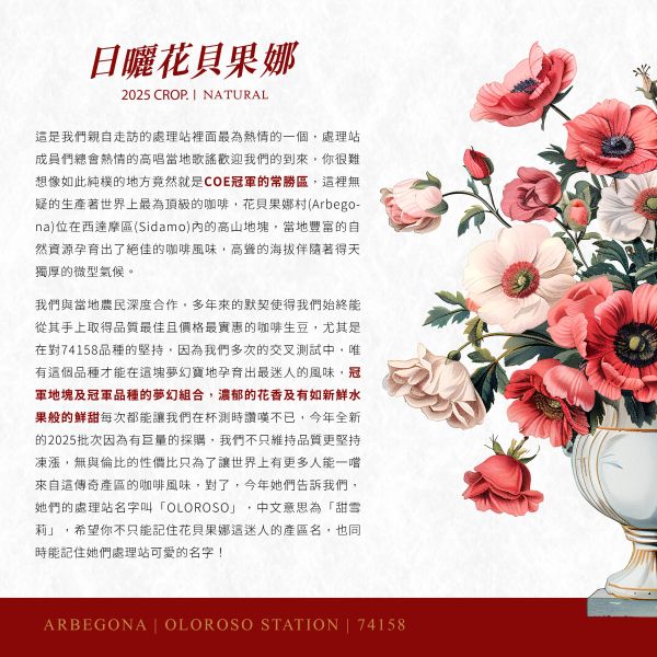 2025 日曬花貝果娜 | 紅圈計畫 | 日曬 | 西達摩 | 74158 |  TOP G1 花貝果娜,Arbegona,西達摩,74158,咖啡生豆,紅圈計畫 ,2025