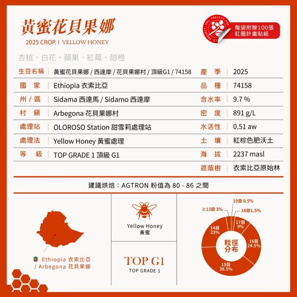 2025 黃蜜花貝果娜 | 紅圈計畫 | 黃蜜 | 西達摩 | 74158 | TOP G1 黃蜜花貝果娜,Arbegona,西達摩,74158,黃蜜,咖啡生豆,紅圈計畫 ,2025
