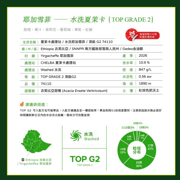 2026 水洗夏茉卡 | TOP G2 | 紅圈計畫 | 耶加雪菲 | 74110 | 水洗 | 頂級 G2 咖啡生豆,衣索比亞,TOP G2,耶加雪菲,YIRGACHEFFE,水洗 74110,2025,紅圈計畫