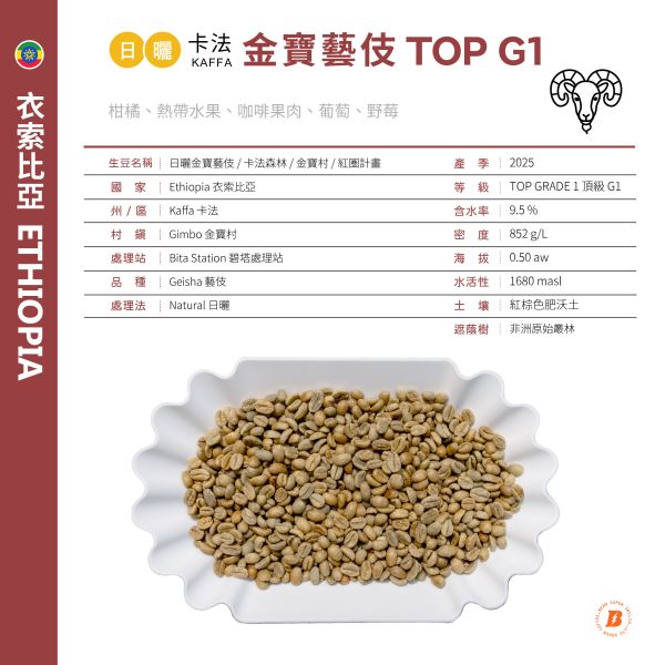 2025 日曬金寶藝伎 | 衣索比亞 | 卡法森林 | 金寶村 | 紅圈計畫 咖啡生豆,衣索比亞,金寶藝技,卡法森林,日曬,頂級G1藝伎