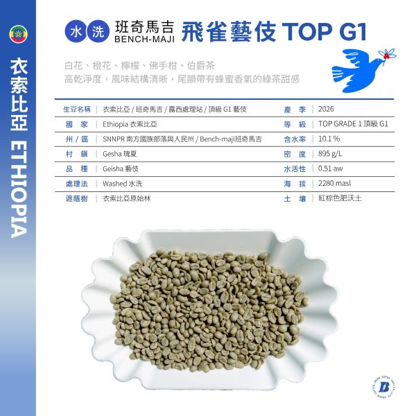 2026 水洗飛雀藝伎 | 衣索比亞 | 班奇馬吉 | 飛雀理站 | 水洗 | 頂級G1藝伎 | 公平交易 咖啡生豆,衣索比亞,班奇馬吉,飛雀處理站,水洗,頂級G1藝伎,瑰夏