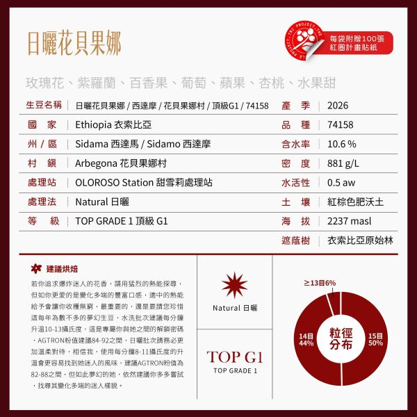 2026 日曬花貝果娜 | 紅圈計畫 | 日曬 | 西達摩 | 74158 |  TOP G1 花貝果娜,Arbegona,西達摩,74158,咖啡生豆,紅圈計畫 ,2026