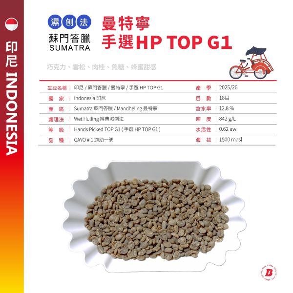 2025/26 印尼蘇門答臘曼特寧 | 手選HP TOP G1 印尼,蘇門答臘曼,特寧,羅布斯塔,三次手選,咖啡生豆