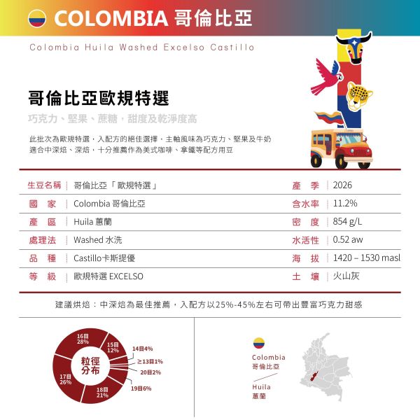 2026 哥倫比亞歐規特選 | Excelso | 水洗 | Castillo 卡斯提優  | Huila 蕙蘭 哥倫比亞,歐規特選,Washed,水洗,Castillo,卡斯提優,咖啡生豆,Huila,蕙蘭,歐規特選,Excelso