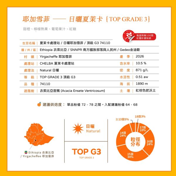 2026 日曬夏茉卡 | TOP G3 | 紅圈計畫 | 耶加雪菲 | 74110 | 日曬 | 頂級 G3 2025,咖啡生豆,衣索比亞,G3,耶加雪菲,YIRGACHEFFE,日曬74110,2023,紅圈計畫