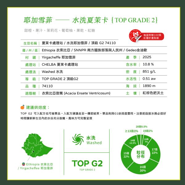 2025 水洗夏茉卡 | TOP G2 | 紅圈計畫 | 耶加雪菲 | 74110 | 水洗 | 頂級 G2 咖啡生豆,衣索比亞,TOP G2,耶加雪菲,YIRGACHEFFE,水洗 74110,2025,紅圈計畫