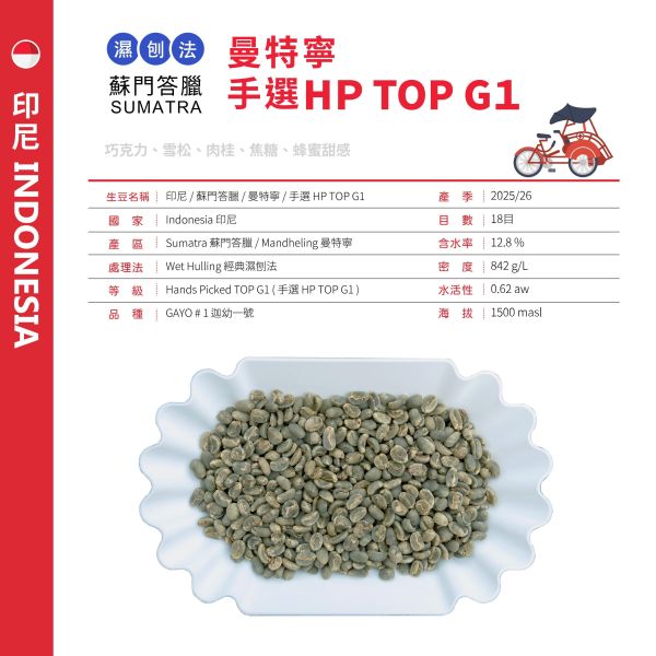 2025/26 印尼蘇門答臘曼特寧 | 手選HP TOP G1 印尼,蘇門答臘曼,特寧,羅布斯塔,三次手選,咖啡生豆