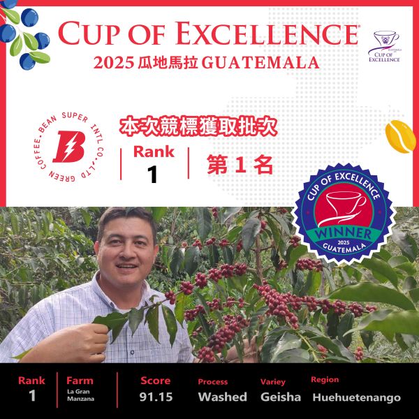 2025 COE 卓越杯 | 瓜地馬拉 | RANK 1 | 第一名 | 標王 | 水洗 | 藝伎 咖啡生豆,卓越杯,咖啡豆,瓜地馬拉標王,瓜地馬拉咖啡,水洗,藝伎,競標豆,COE