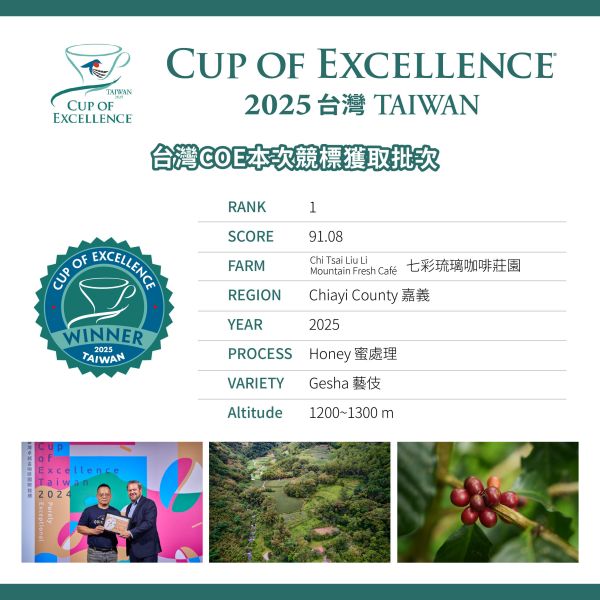 2025 COE 卓越杯 | 臺灣 | RANK 1 | 第一名 | 標王 | 蜜處理藝伎 咖啡生豆,卓越杯,咖啡豆,標王