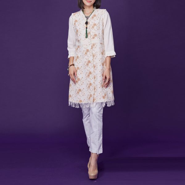 配色刺繡鬚邊長背心 