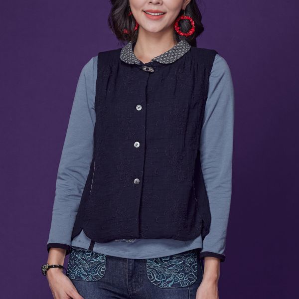 刺繡古布翻領背心 