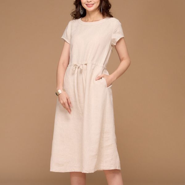 亞麻七分綁結洋裝 