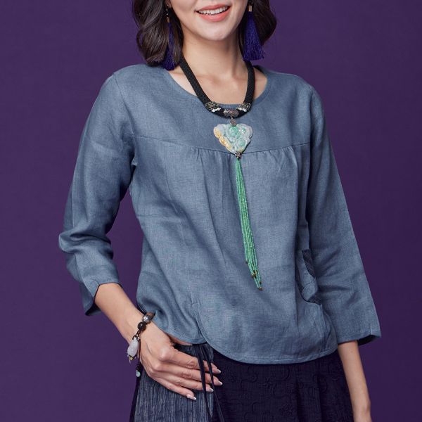 亞麻古布拚接車花上衣 