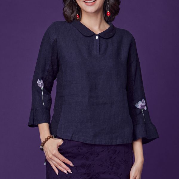 手繪亞麻翻領上衣 