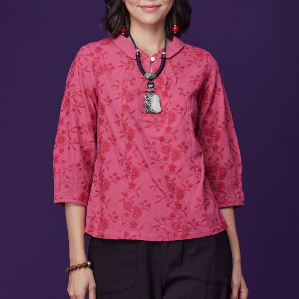 配色刺繡花苞上衣 