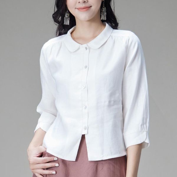 亞麻前開翻領上衣 