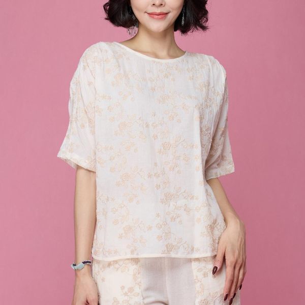 刺繡抽皺連袖上衣 