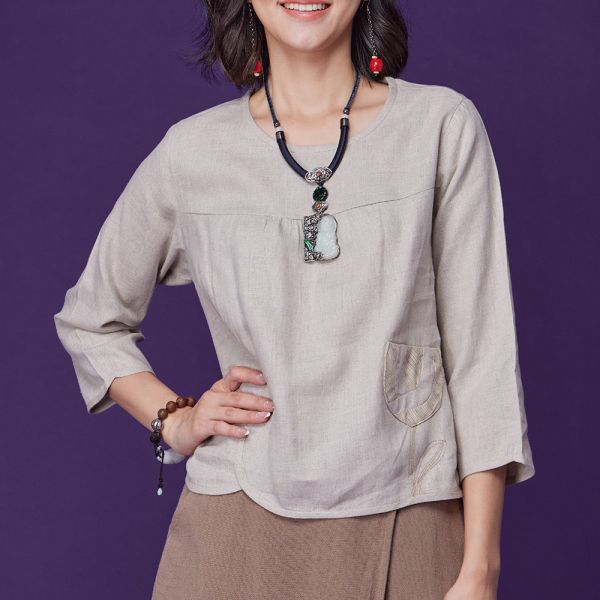 亞麻古布拚接車花上衣 