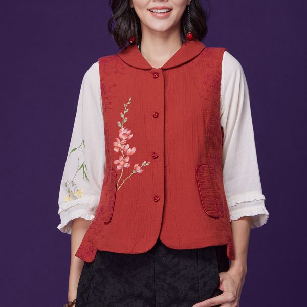 手繪刺繡翻領背心 