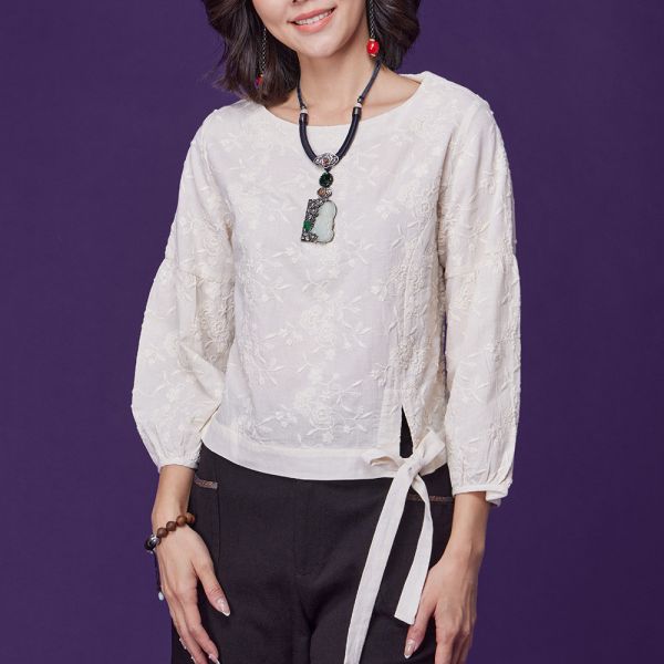 刺繡燈籠袖綁繩上衣 