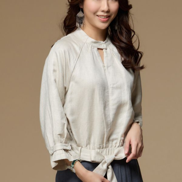 亞麻綁結拉鍊上衣 