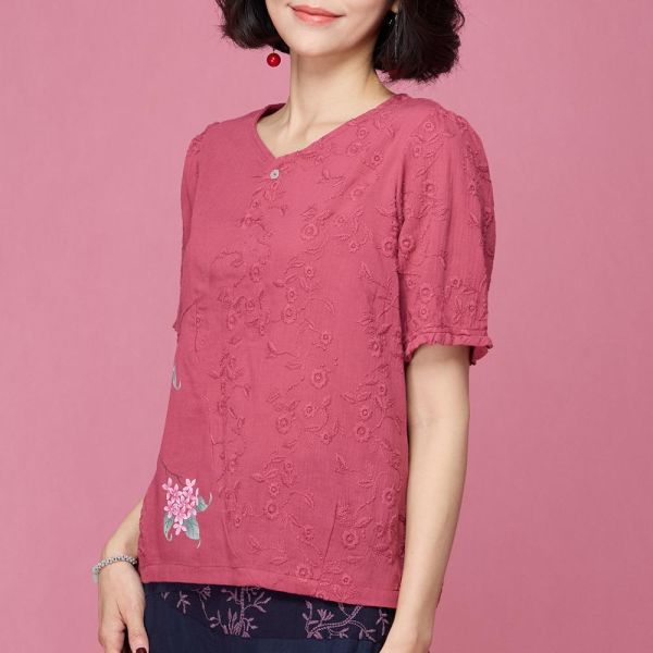 手繪刺繡半袖上衣 