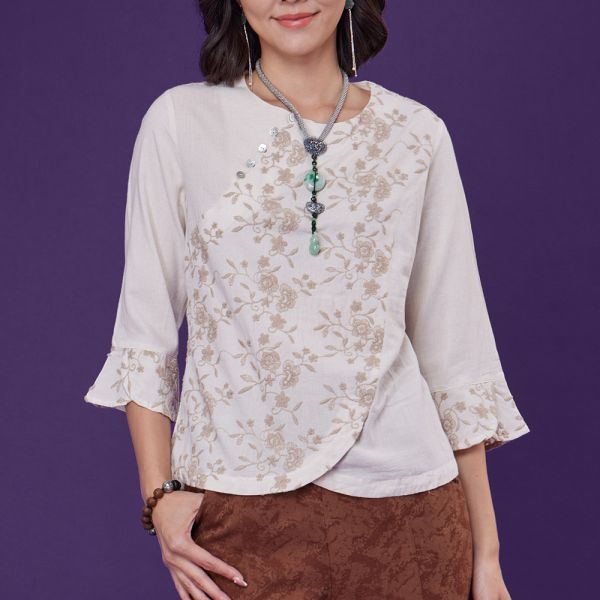 配色刺繡荷葉袖上衣 