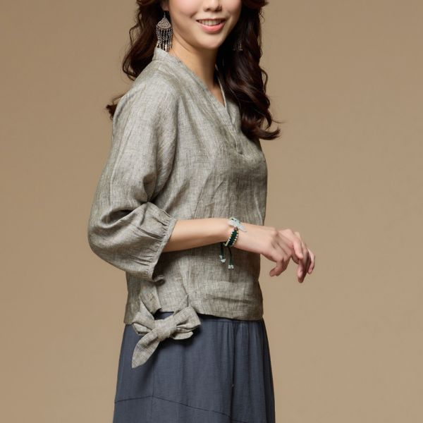 亞麻綁結上衣 