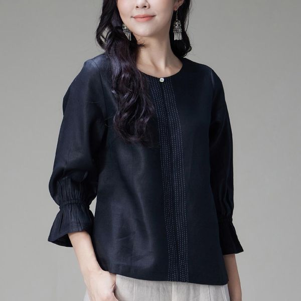 亞麻絲光燈籠袖上衣 