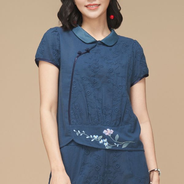 手繪刺繡翻領上衣 