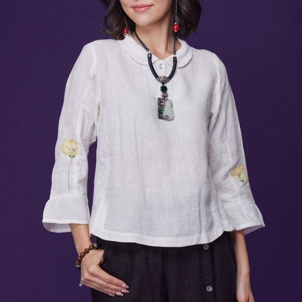 手繪亞麻翻領上衣 
