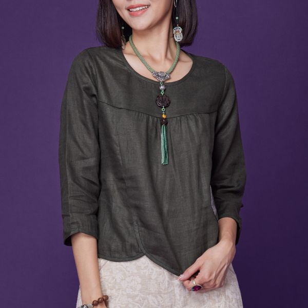 亞麻古布拚接車花上衣 