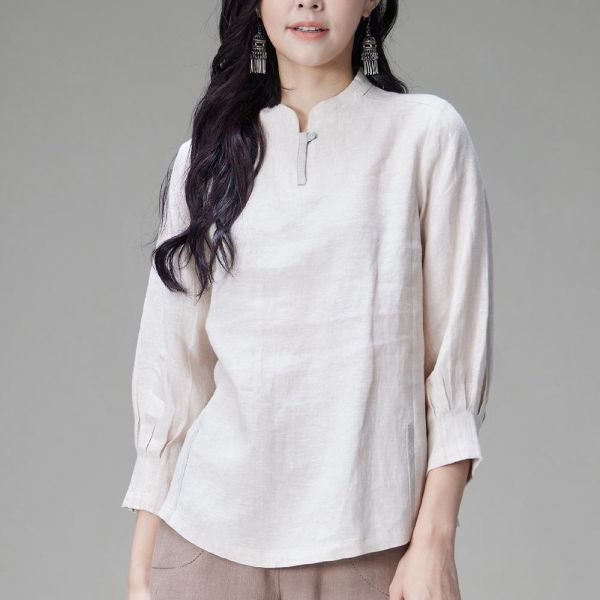 亞麻剪接上衣 