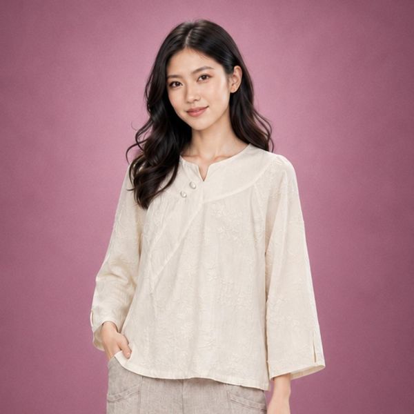 刺繡斜襟顯瘦上衣 