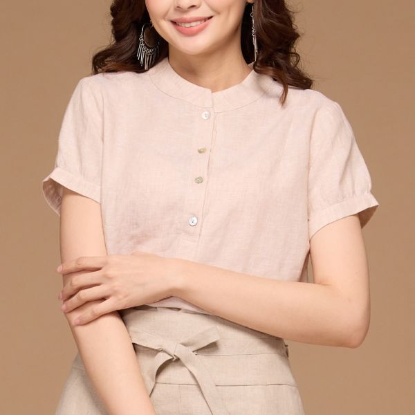 亞麻立領半開上衣 