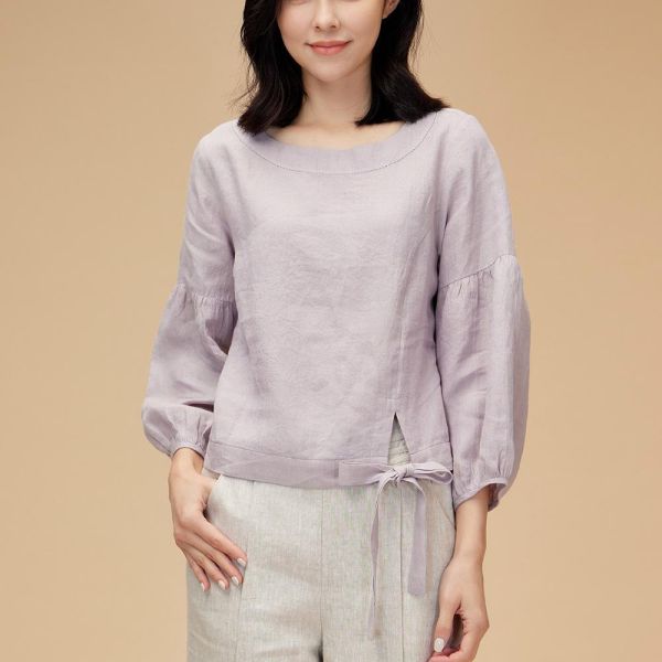 亞麻燈籠袖綁結衣 