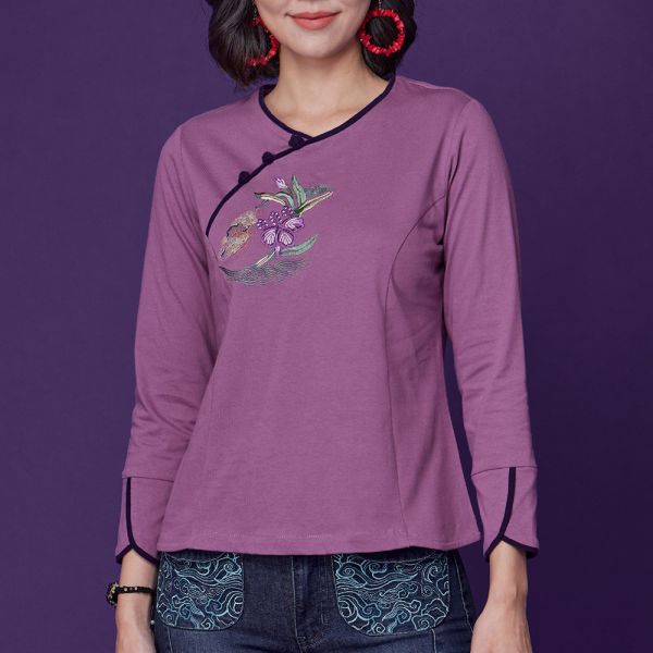 刺繡斜襟顯瘦T桖 