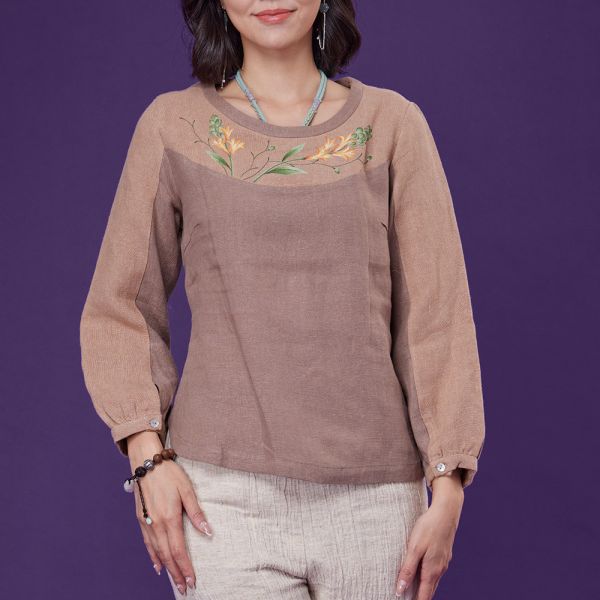 亞麻手繪配色上衣 