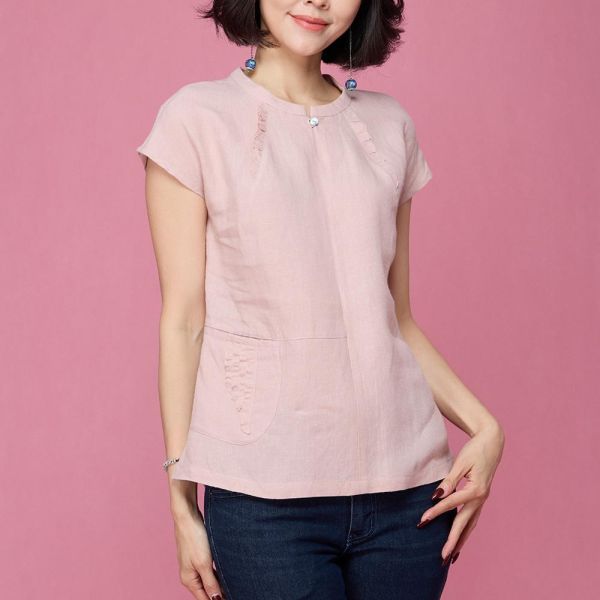 亞麻鬚邊蓋袖長上衣 